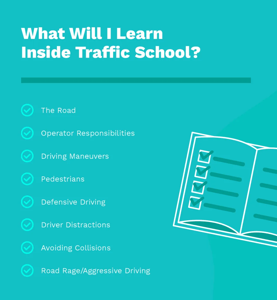 traffic school lessons: the road, operator responsibilities, driving maneuvers, pedestrians, defensive driving, driver distractions, road rage/aggressive driving