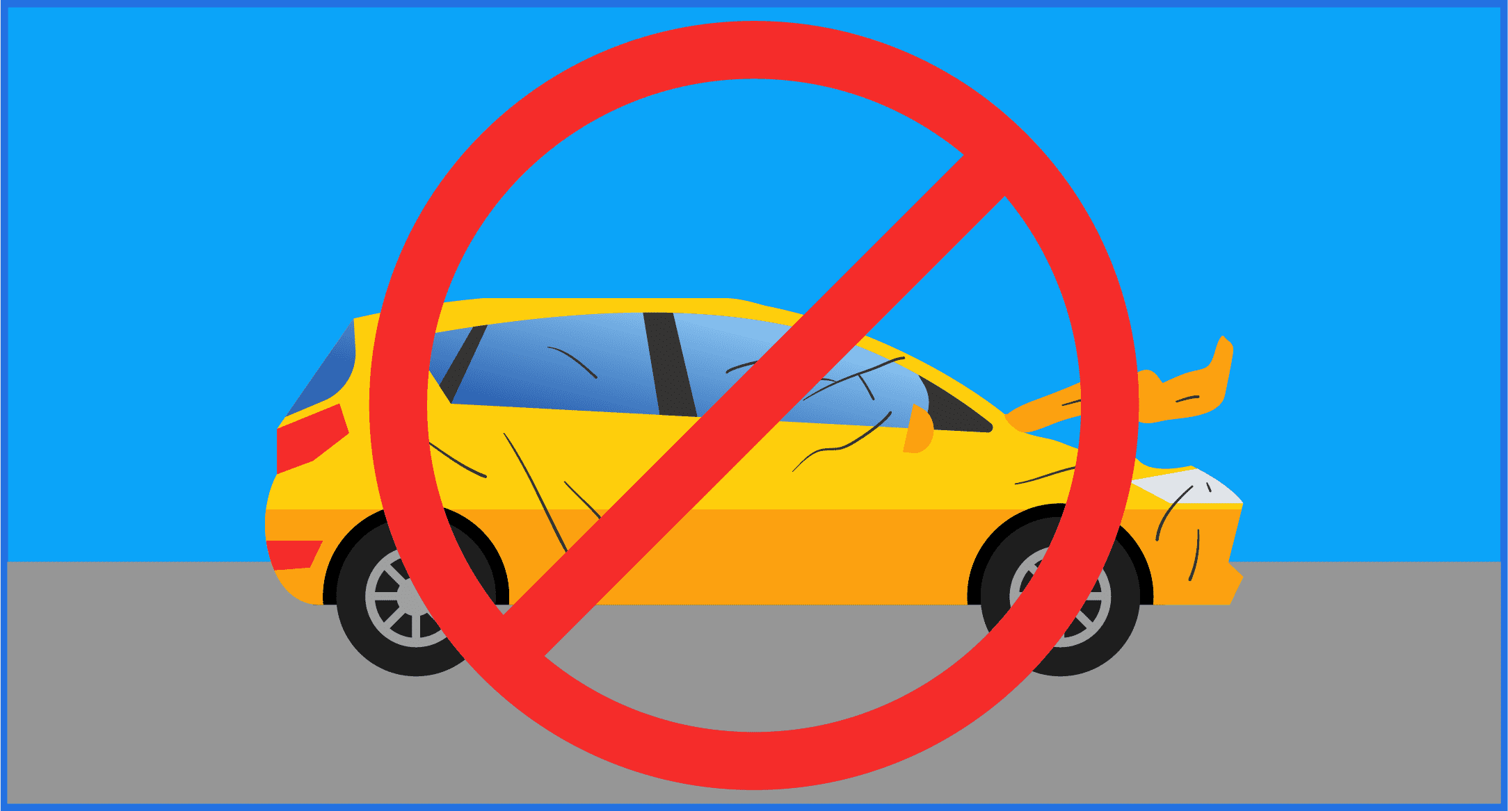 Image shows a car with a crumpled fender with red prohibition circle over it to suggest no accidents