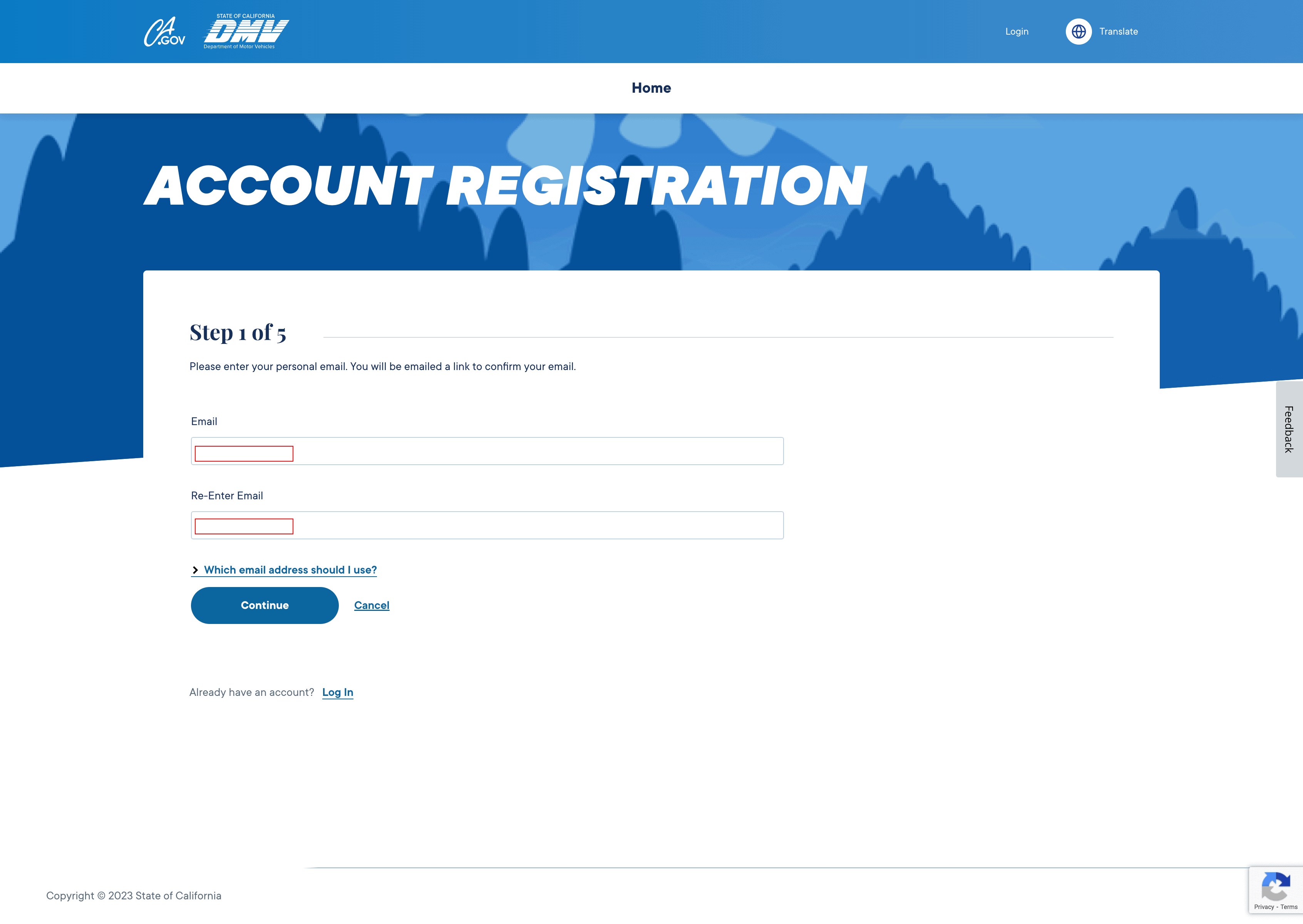 To start the account registration process, enter and confirm your email address.