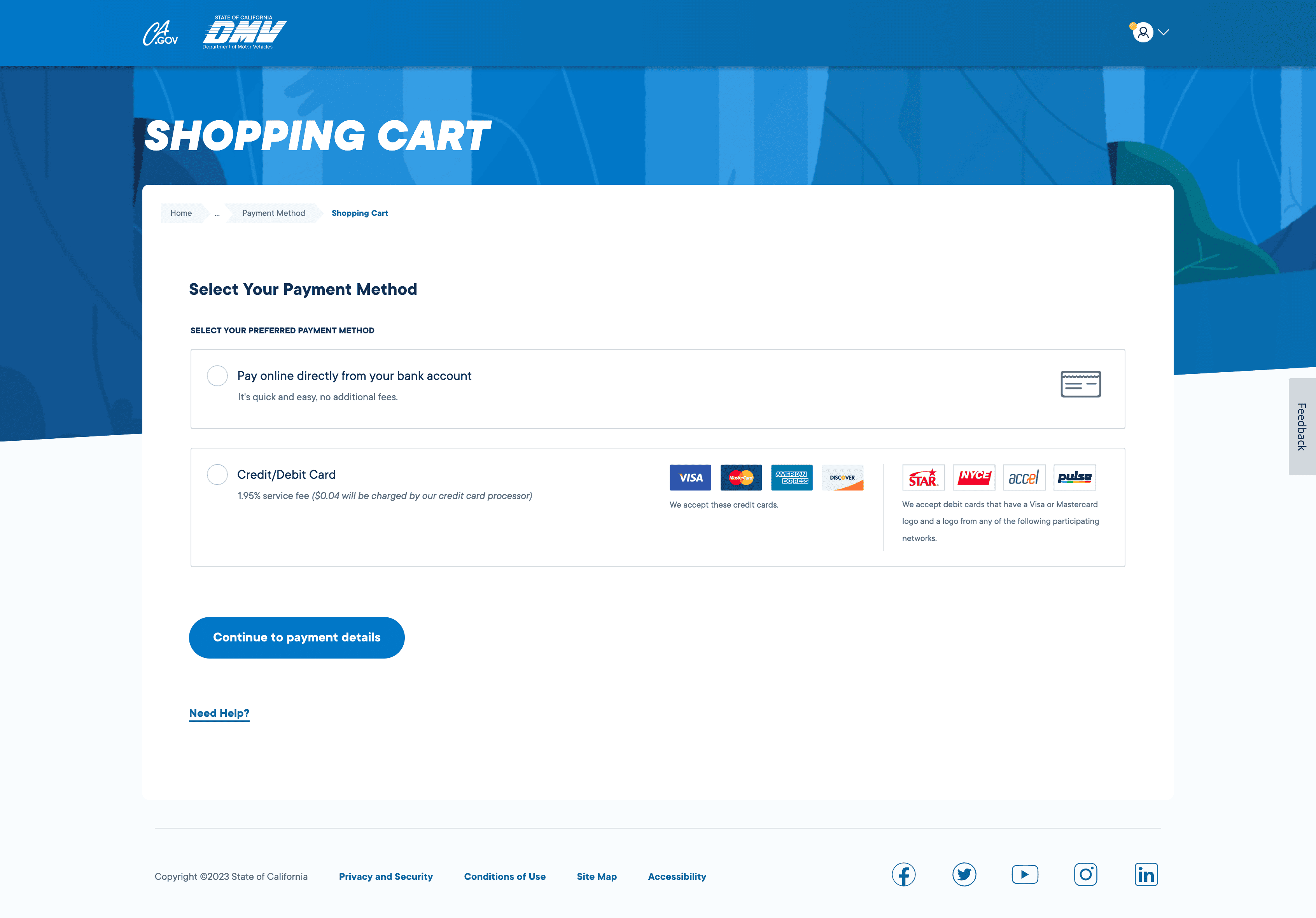 Choose your preferred payment method and click "Continue to payment details."