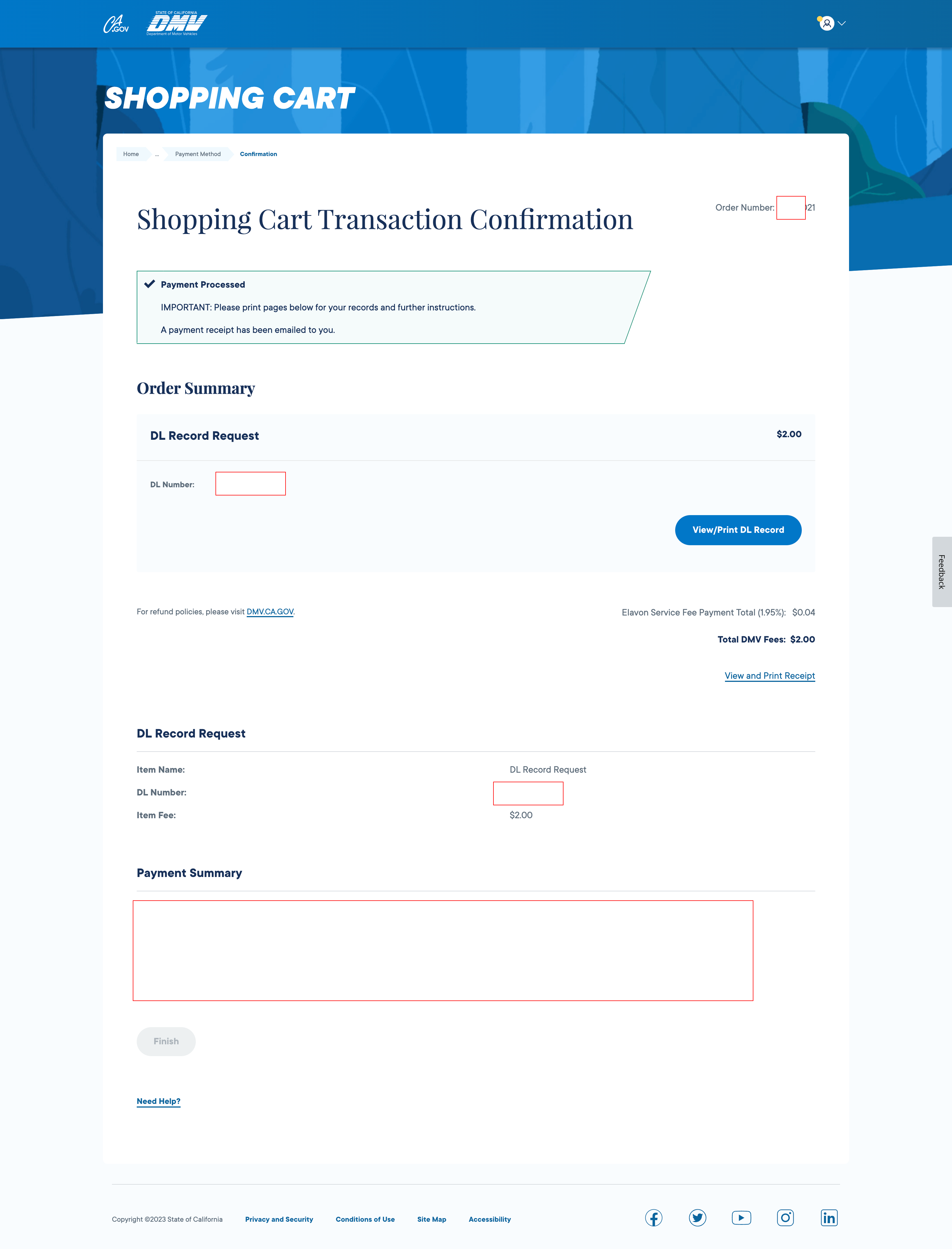 Once your payment is successful, click "View/Print DL Record" to see your driver's record.