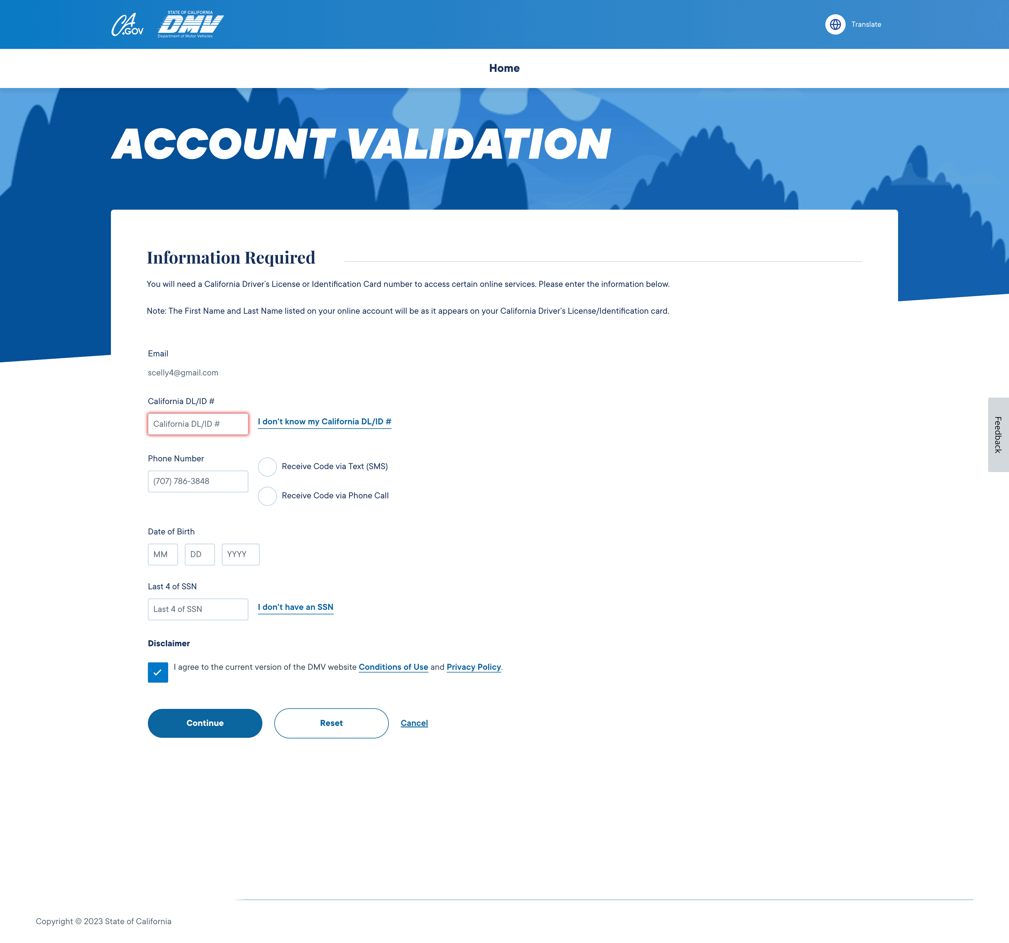Validate your account by entering your driver's license or ID number.