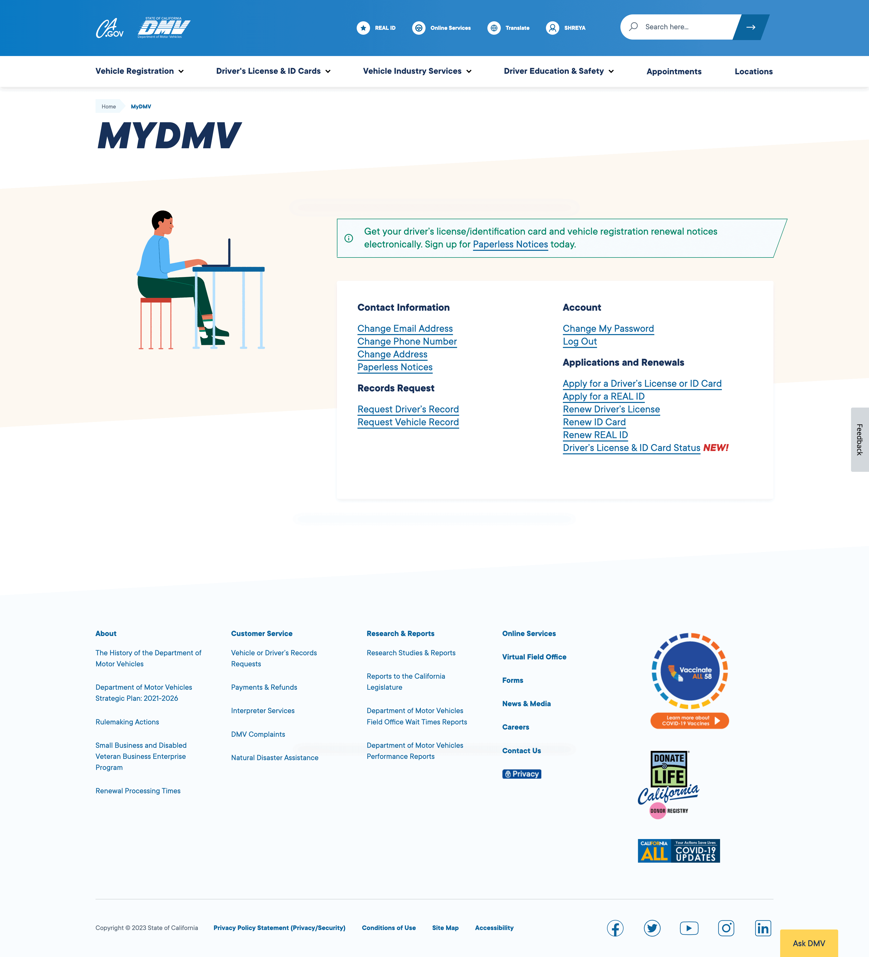 From the MyDMV page, click "Request Driver's Record."