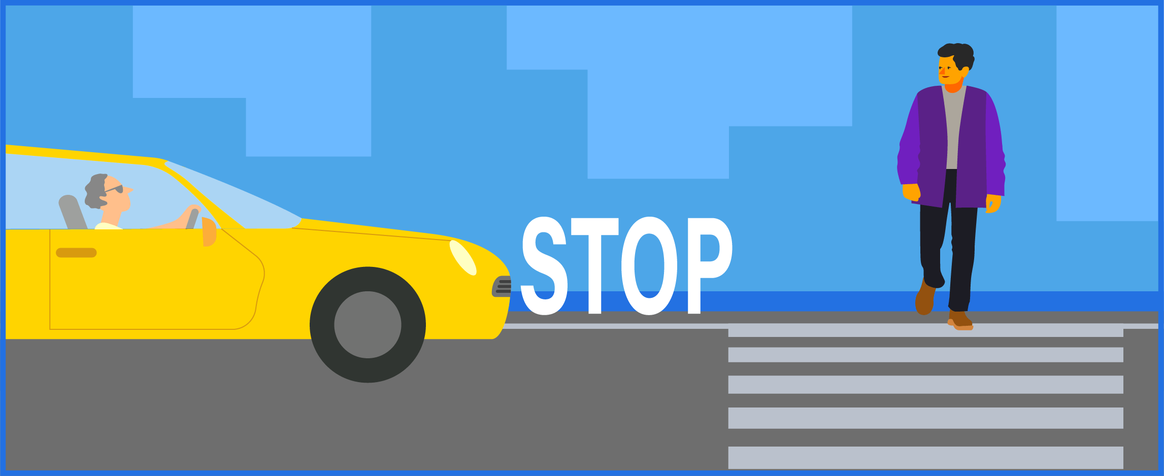 Image of a car stopping for a pedestrian in a marked crosswalk