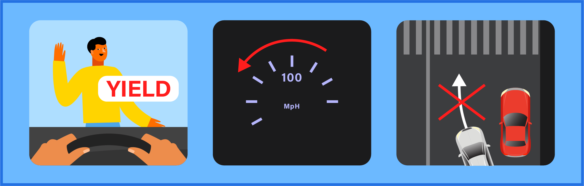 Image shows some of the common violations of CVC 21950. It shows a driver failing to yield to a pedestrian, driving too fast in the crosswalk, or passing a car that is stopped at a crosswalk