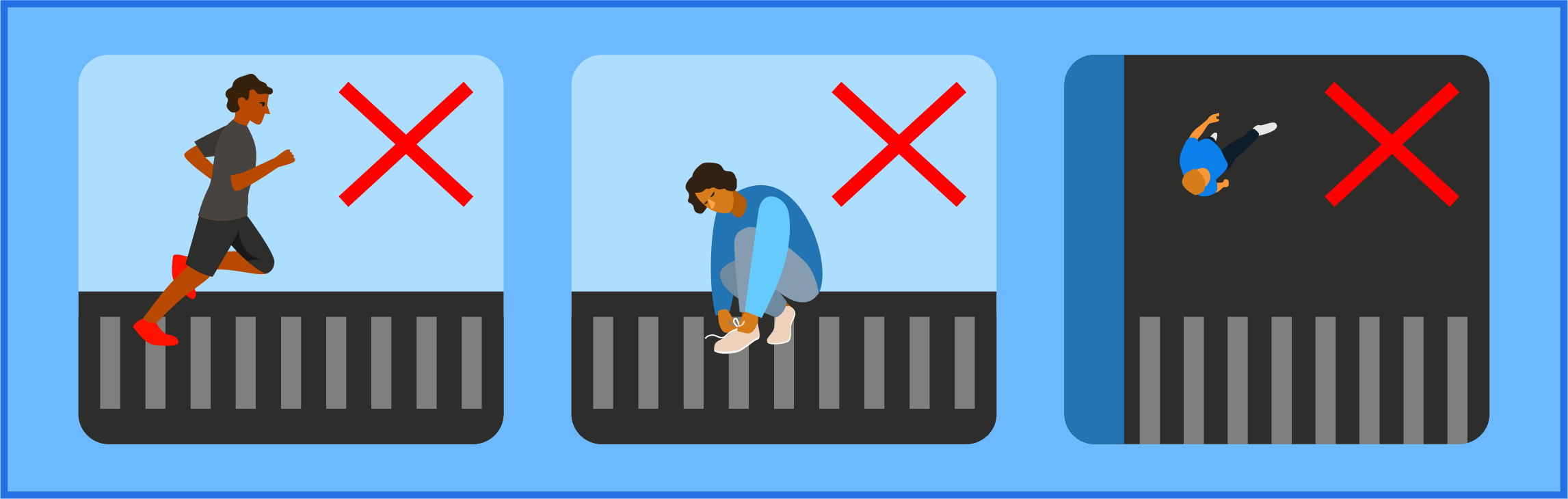 Image shows things pedestrians may not do according to California law, including running across a crosswalk, stopping to tie your shoe in a crosswalk, and jaywalking
