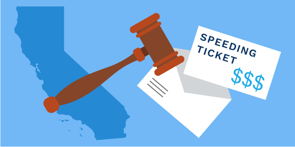 Blue California map with a gavel and a speeding ticket marked $$$