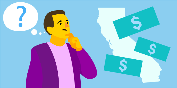 Confused driver with a question-mark thought bubble beside the California state outline and floating dollar bills