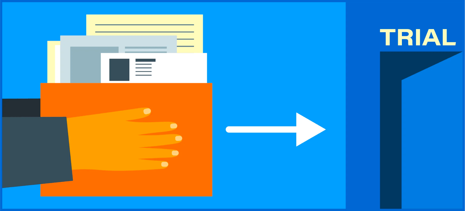 Hand filing a folder of documents, with an arrow pointing to a courtroom door labeled Trial