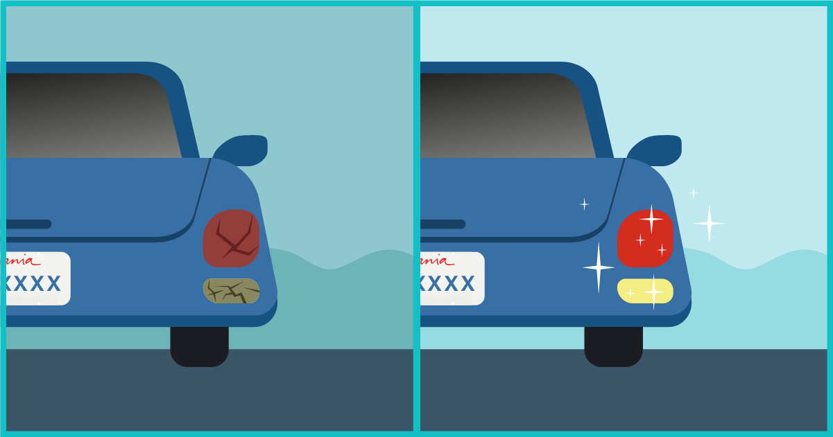 Car's broken taillight before and after: cracked and dark, then repaired and lit