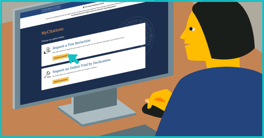 MyCitations screen with a cursor highlighting the Request a Fine Reduction option